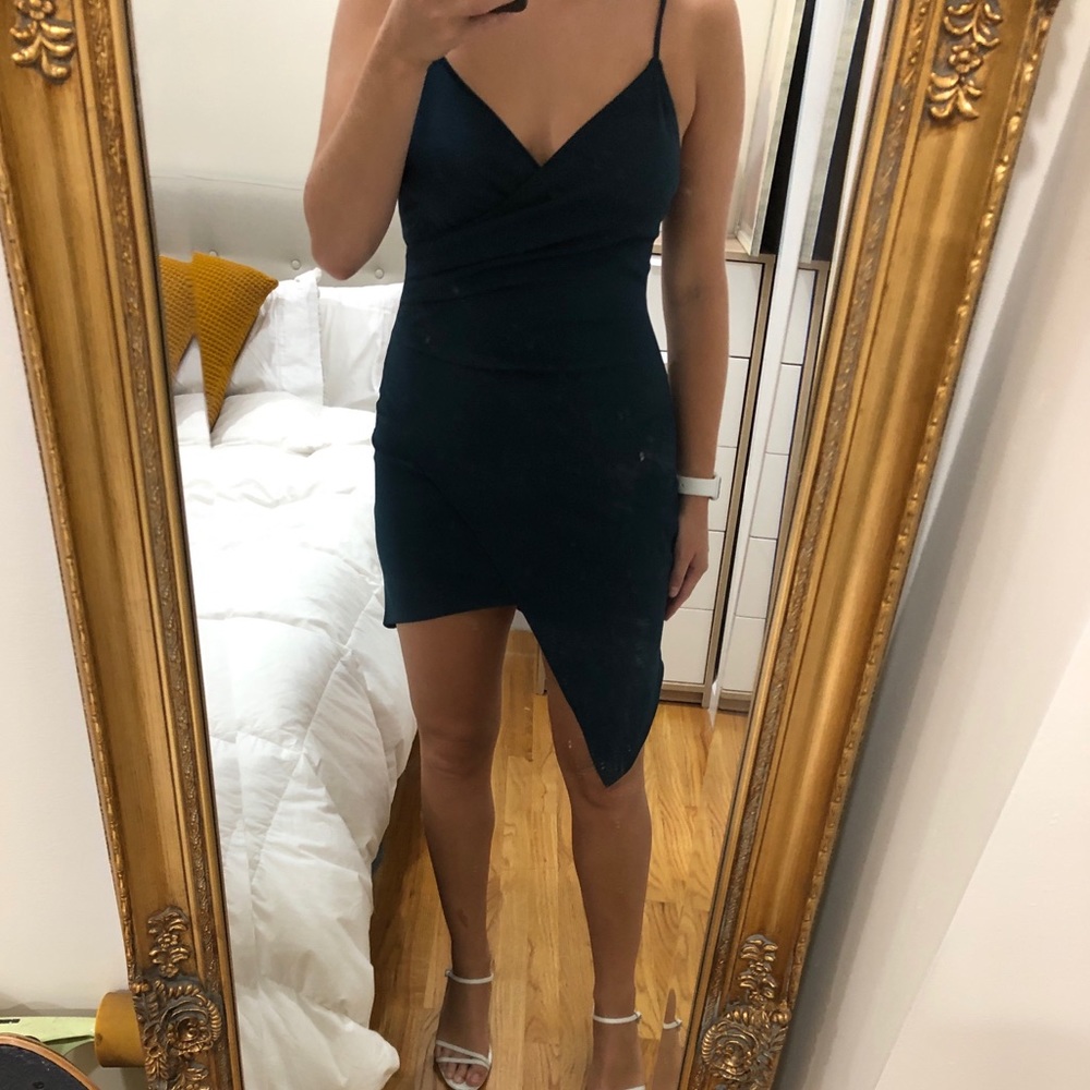 Mini asymmetrical dark green dress